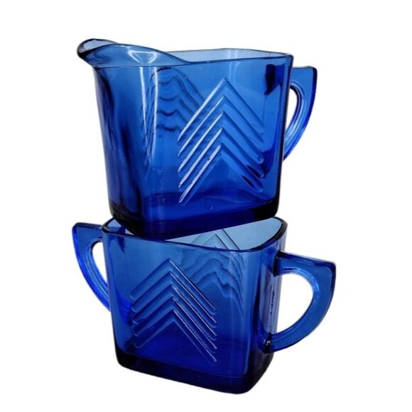 Vintage Hazel Atlas Cobalt "Ritz" Blue Glass Art Deco Arrow Sugar Creamer Set